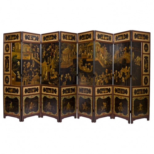 A Chinese Black and Polychrome Lacquered Eight-Panel Screen